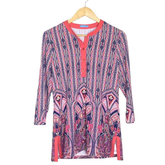 J. McLaughlin Navy Purple Mayan Paisley Catalina Cloth Boca Tunic Top Size Small - Picture 2 of 11